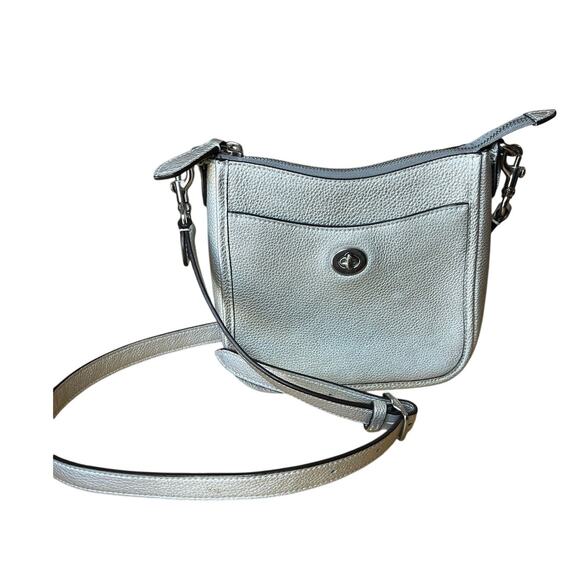 Coach | Silver Chaise Crossbody Pebbled Leather w/Charm Metallic Sheen - Picture 1 of 10
